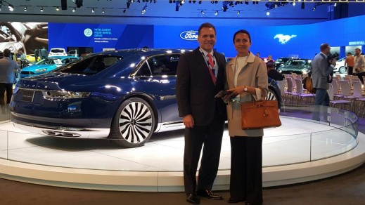 The LIASE Group’s John Bukowicz, Managing Director for the Americas, and Vanessa Moriel, Managing Director Asia, pose at the Ford Booth of the LA Auto Show. 