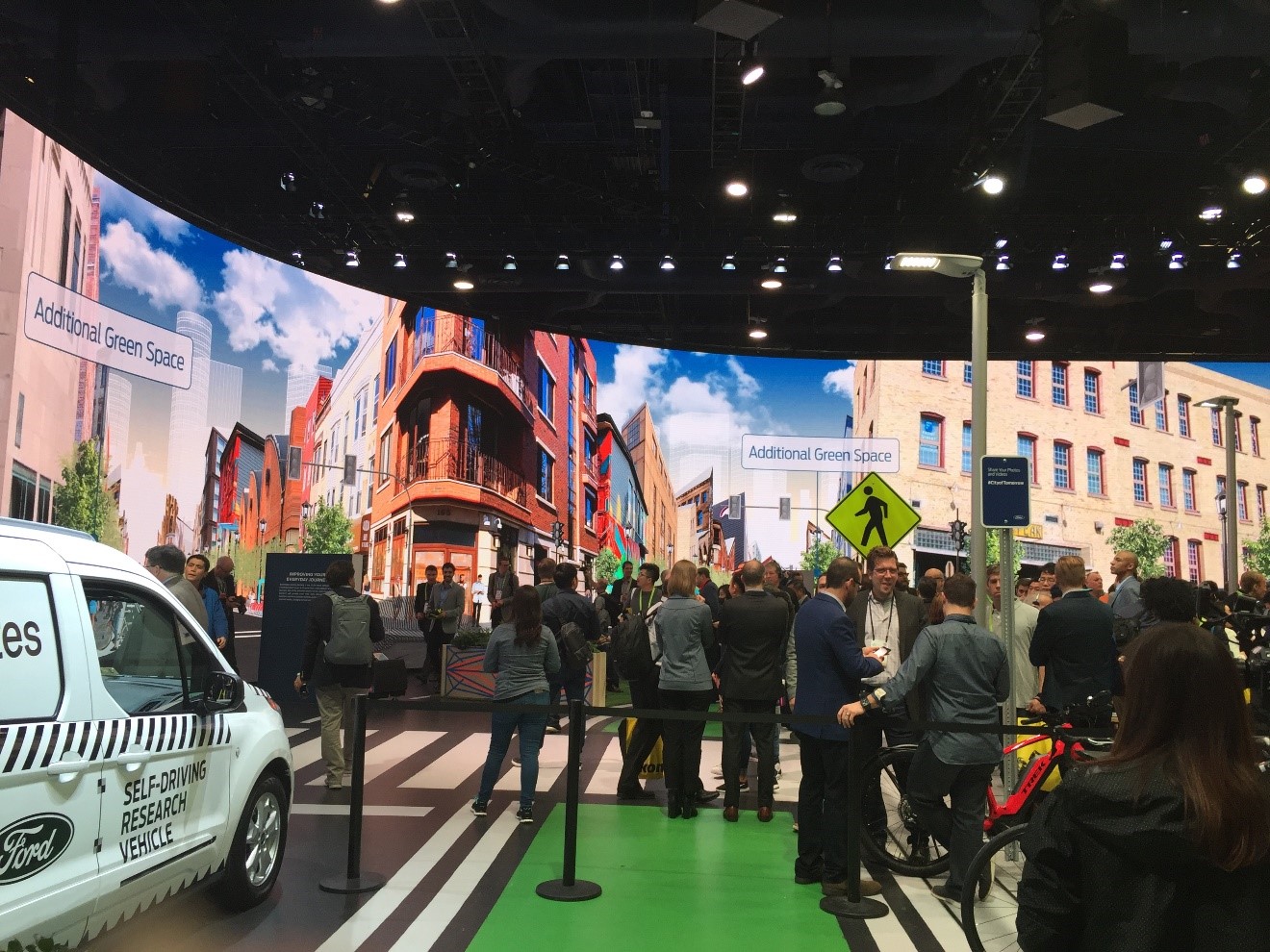 Ford built a small indoor street to showcase its vision of integrated mobility including cars, bikes, pedestrians and Ford self-driving vehicles. Integrated mobility was also the topic of Ford CEO Jim Hackett’s keynote address. Hackett talked about shared transportation and smart cities to help with the development of autonomous driving and connectivity. 
