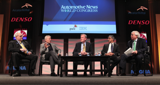 The session on Vehicle Innovation included (left to right): (1) Doug Patterson, Senior Vice President, Engineering Division, Denso International America Inc.; (2) Phil Martens, President & CEO, Novelis; (3) Greg Ludokvsky, Vice President, Global Research and Development, ArcelorMittal; (4)Swamy Kotagiri, Chief Technical Officer, Magna; (5) J Ferron, Director, Strategic Development, Crain Communications.