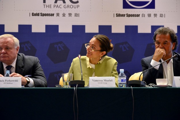 Vanessa Moriel, LIASE Group Managing Director Asia (center) answers a question during a panel at the CBU/CAR 21st Annual International Conference in Beijing. She is joined by Jack Perkowski, Managing Partner, JFP Holdings (left) and Shah Firoozi, Founder and CEO, PAC Group (right).